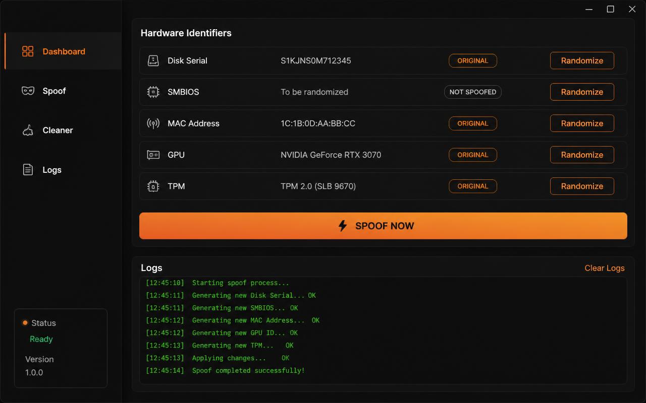 Painel do spoofer · identificadores de hardware