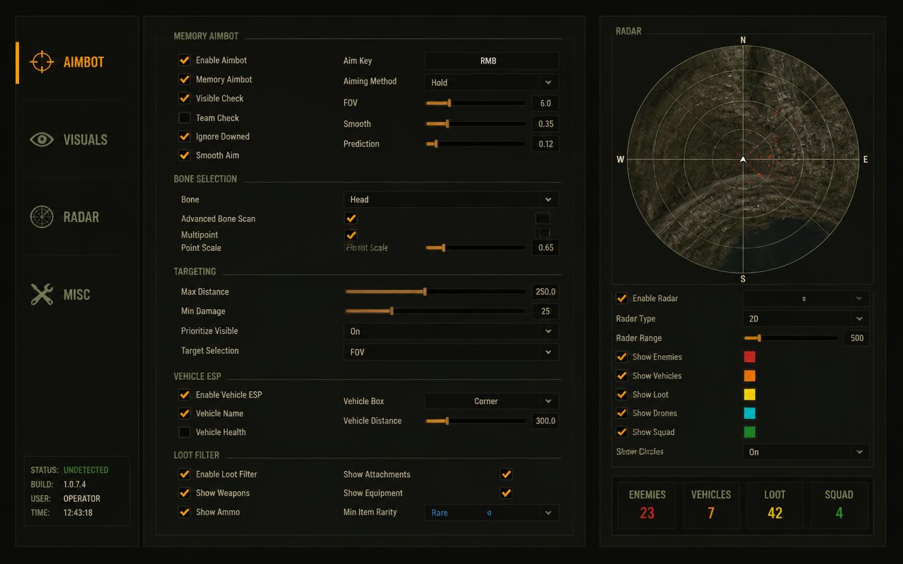 Menu de configuração · Memory Aimbot e Radar